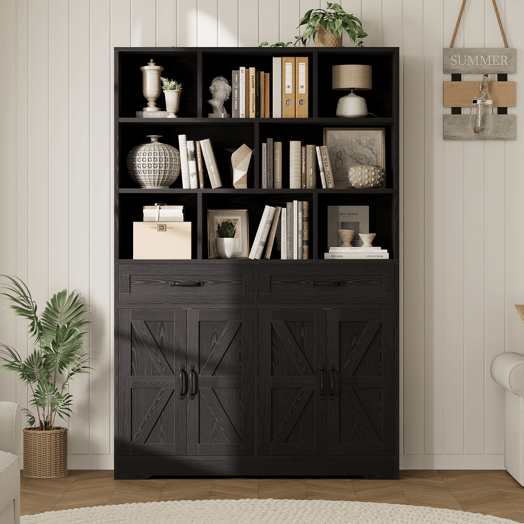 Large Modern 6-Tier Bookcase with 8 Open Cubbies, 2 Drawers & 4 Doors - 71\