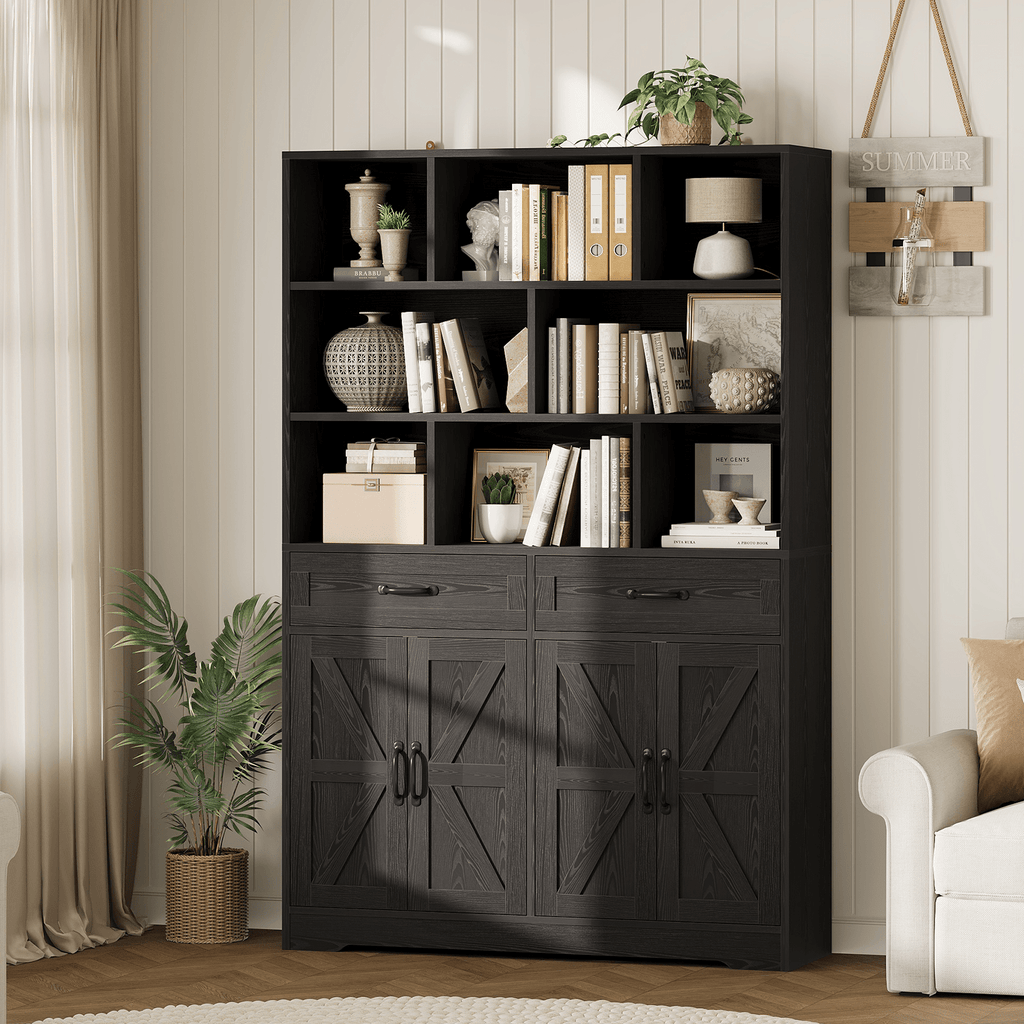 Large Modern 6-Tier Bookcase with 8 Open Cubbies, 2 Drawers & 4 Doors - 71\