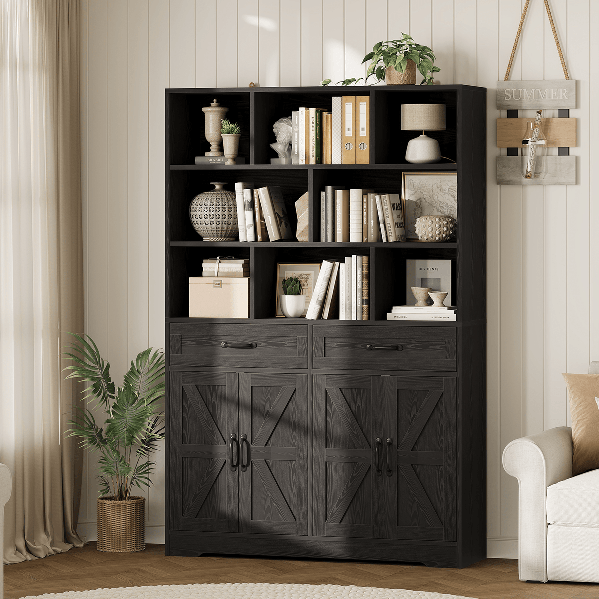 Large Modern 6-Tier Bookcase with 8 Open Cubbies, 2 Drawers & 4 Doors - 71\