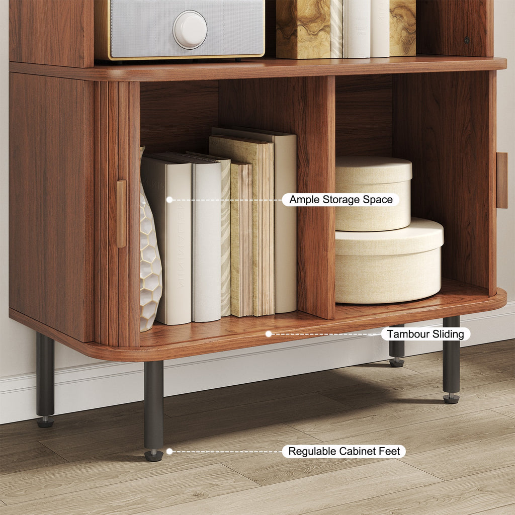 71 Inch Bookcase 4 Shelves Bookcase With Storage Cabinets And Adjustable Storage Shelves With Sliding Doors And Adjustable Feet For Home Office, Living Room Walnut