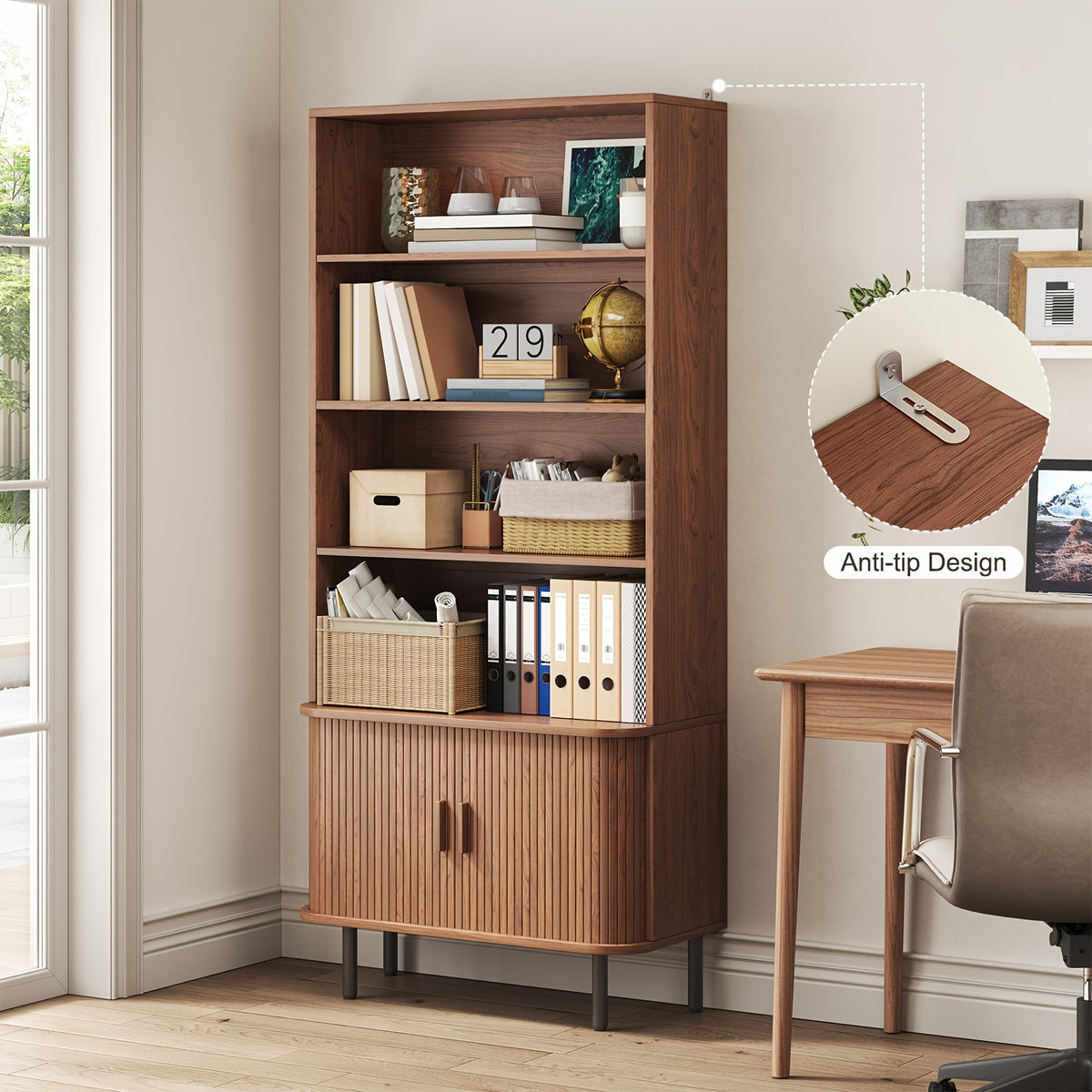 71 Inch Bookcase 4 Shelves Bookcase With Storage Cabinets And Adjustable Storage Shelves With Sliding Doors And Adjustable Feet For Home Office, Living Room Walnut