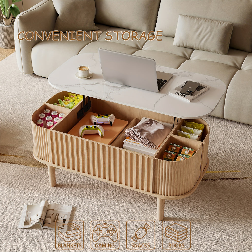 40-Inch Lift-Top Coffee Table Featuring Storage, a Faux Marble Surface, And Sturdy Rubber Wood Legs, Designed in a Mid-Century Modern Style for The Living Room in Natural Oak End