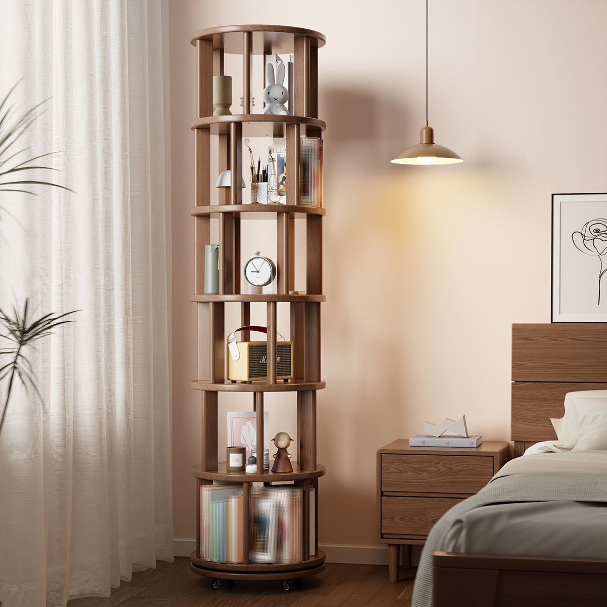 A 4\u002F6-Layer Solid Wood Bookshelf Storage Cabinet That Rotates 360°. This Festive Living Room Furniture Comes with Limited-Time Special Deals. Available in Three Styles