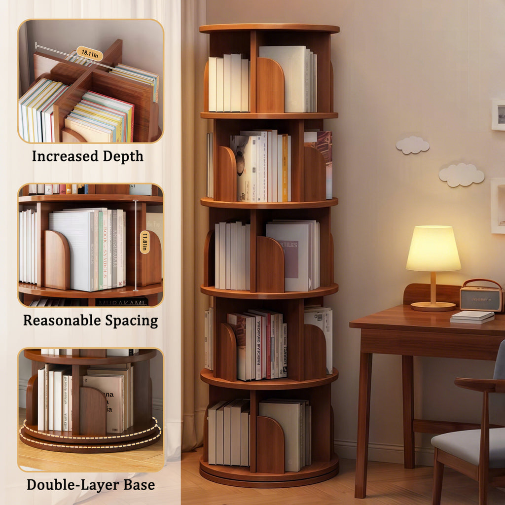 5 Tier Rotating Bookshelf, 360 Display Round Spinning Bookshelf, Space-Saving, Small Space Rotating Bookshelf Tower Bedroom, Living Room, Home, Office, Walnut