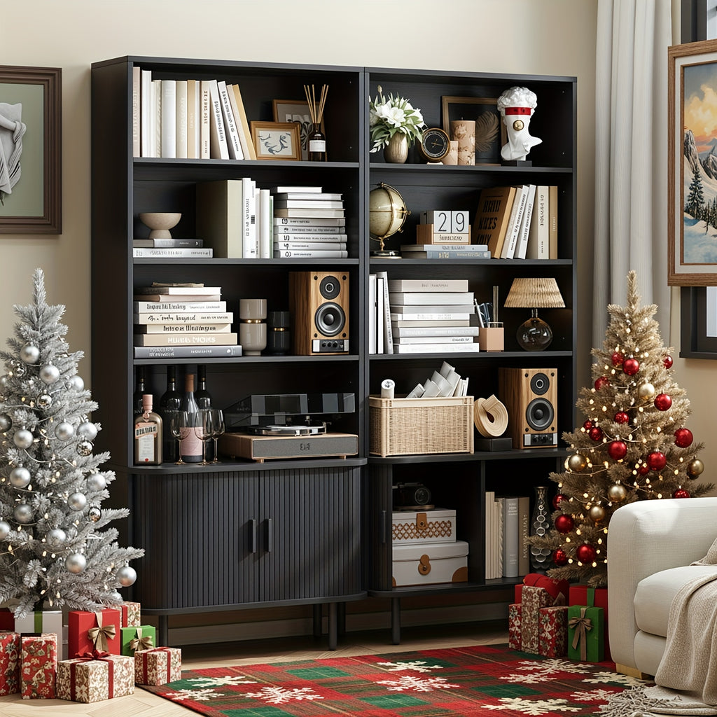 71 Inch Bookcase 4 Shelves Bookcase With Storage Cabinets And Adjustable Storage Shelves With Sliding Doors And Adjustable Feet For Home Office, Living Room Walnut