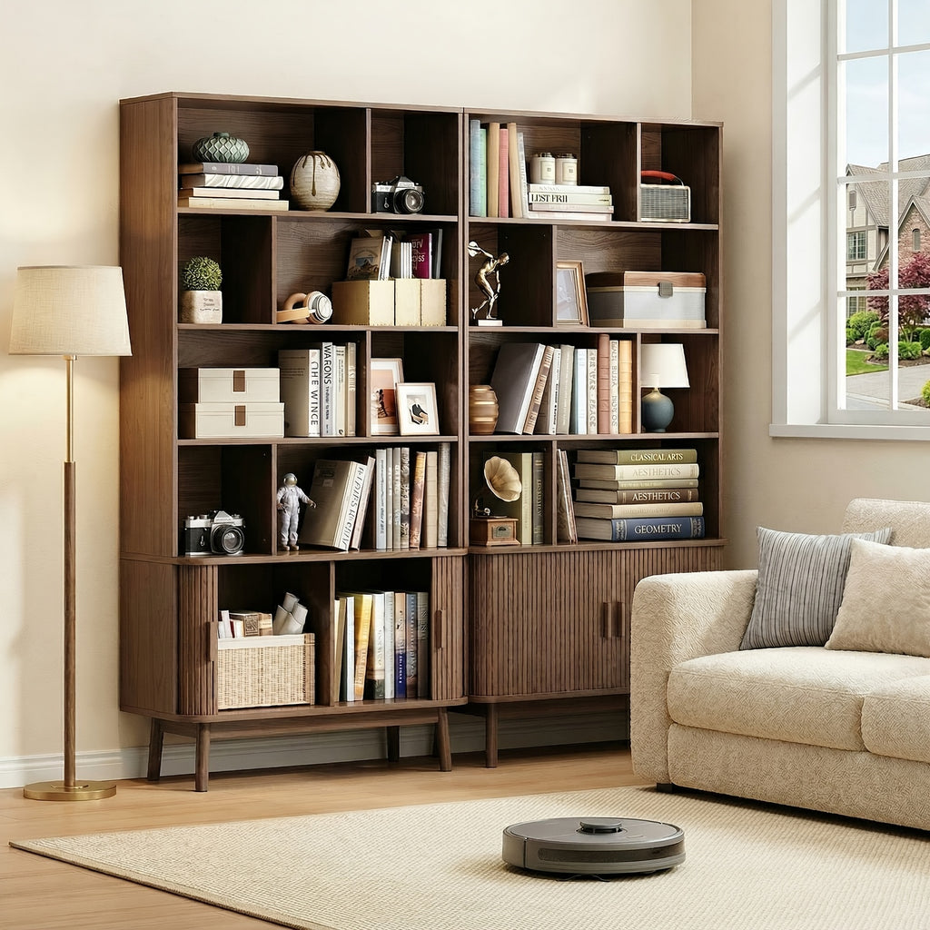 71 Inch Bookcase 4 Shelves Bookcase With Storage Cabinets And Adjustable Storage Shelves With Sliding Doors And Adjustable Feet For Home Office, Living Room Walnut
