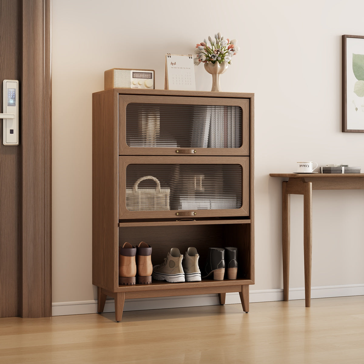 : Solid Wood Bookshelf with Glass Doors, Floor-Standing Storage Shelf, Wall-Mounted Narrow Cabinet with Extra Large Capacity, Bedside Bookcase with Storage Space, Christmas Gift, Black Friday Product