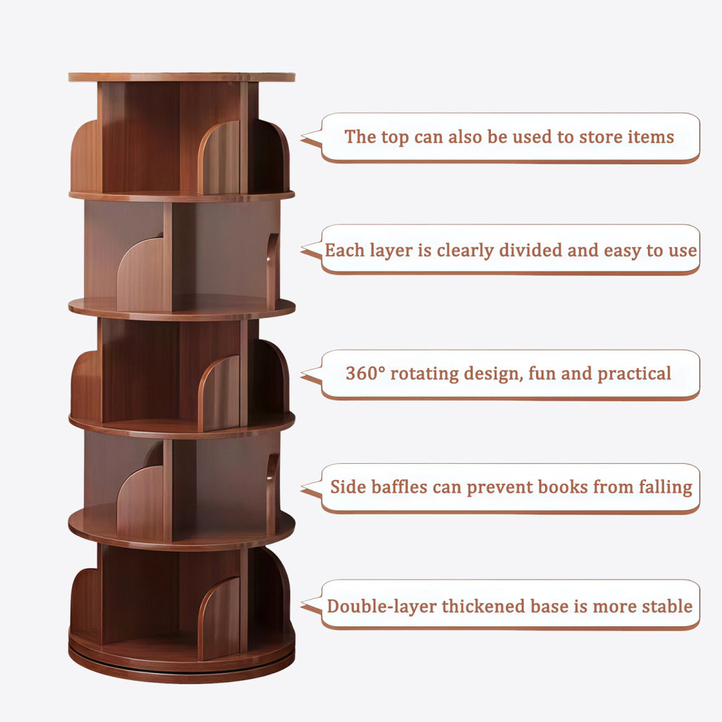 5 Tier Rotating Bookshelf, 360 Display Round Spinning Bookshelf, Space-Saving, Small Space Rotating Bookshelf Tower Bedroom, Living Room, Home, Office, Walnut