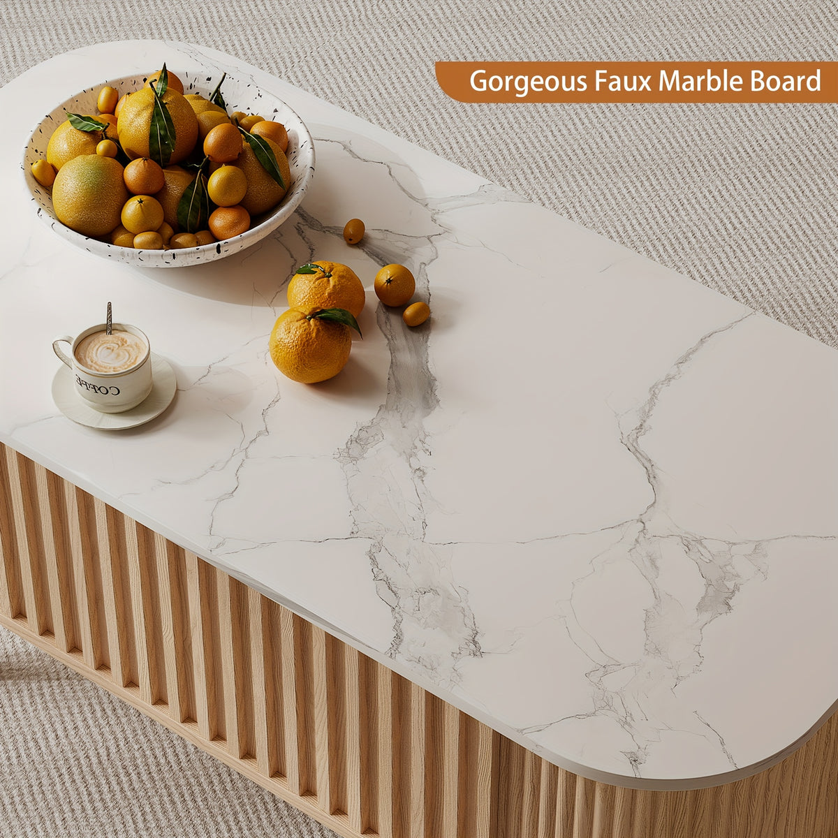 40-Inch Lift-Top Coffee Table Featuring Storage, a Faux Marble Surface, And Sturdy Rubber Wood Legs, Designed in a Mid-Century Modern Style for The Living Room in Natural Oak End