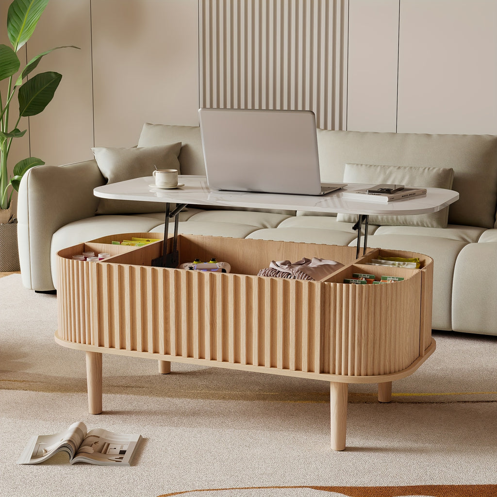 40-Inch Lift-Top Coffee Table Featuring Storage, a Faux Marble Surface, And Sturdy Rubber Wood Legs, Designed in a Mid-Century Modern Style for The Living Room in Natural Oak End