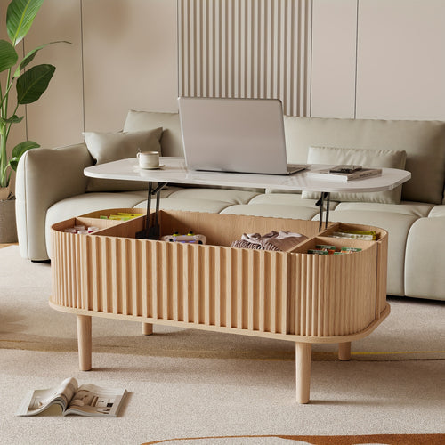 40-Inch Lift-Top Coffee Table Featuring Storage, a Faux Marble Surface, And Sturdy Rubber Wood Legs, Designed in a Mid-Century Modern Style for The Living Room in Natural Oak End