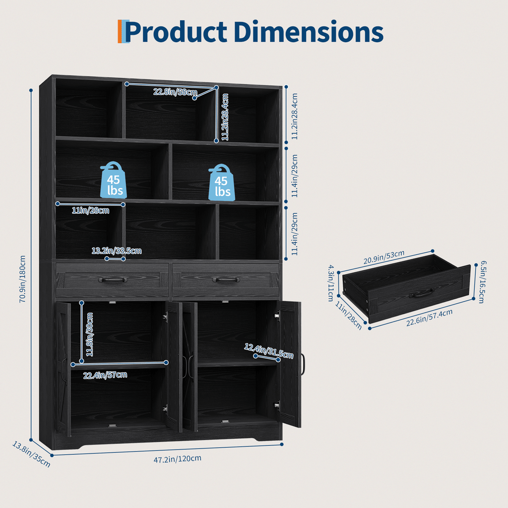 Large Modern 6-Tier Bookcase with 8 Open Cubbies, 2 Drawers & 4 Doors - 71\