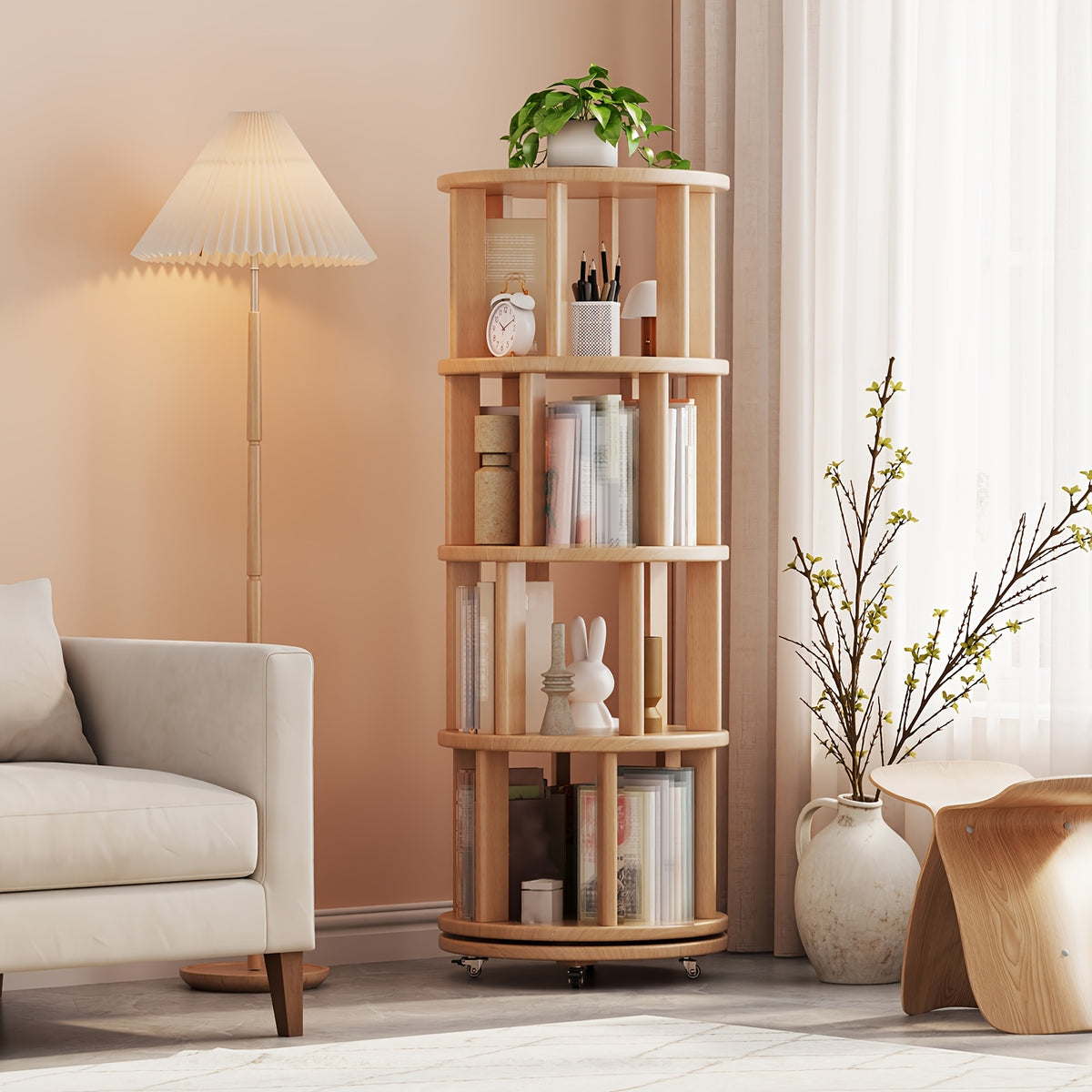 A 4\u002F6-Layer Solid Wood Bookshelf Storage Cabinet That Rotates 360°. This Festive Living Room Furniture Comes with Limited-Time Special Deals. Available in Three Styles
