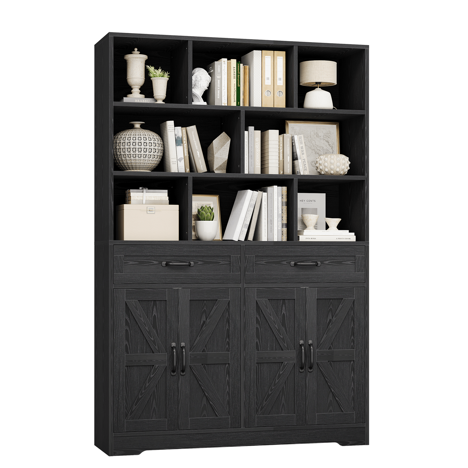 Large Modern 6-Tier Bookcase with 8 Open Cubbies, 2 Drawers & 4 Doors - 71\