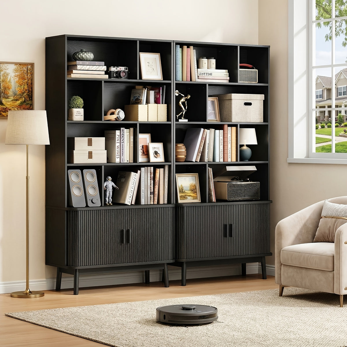 71 Inch Bookcase 4 Shelves Bookcase With Storage Cabinets And Adjustable Storage Shelves With Sliding Doors And Adjustable Feet For Home Office, Living Room Walnut