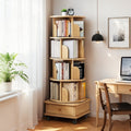 5 Tier Rotating Bookshelf, 360 Degree Display Round Spinning Bookshelf with Wheels, Space Saving, Small Space Rotating Bookshelf Tower for Bedroom, Living Room, Home, Office, Wood Color