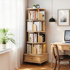 5 Tier Rotating Bookshelf, 360 Degree Display Round Spinning Bookshelf with Wheels, Space Saving, Small Space Rotating Bookshelf Tower for Bedroom, Living Room, Home, Office, Wood Color