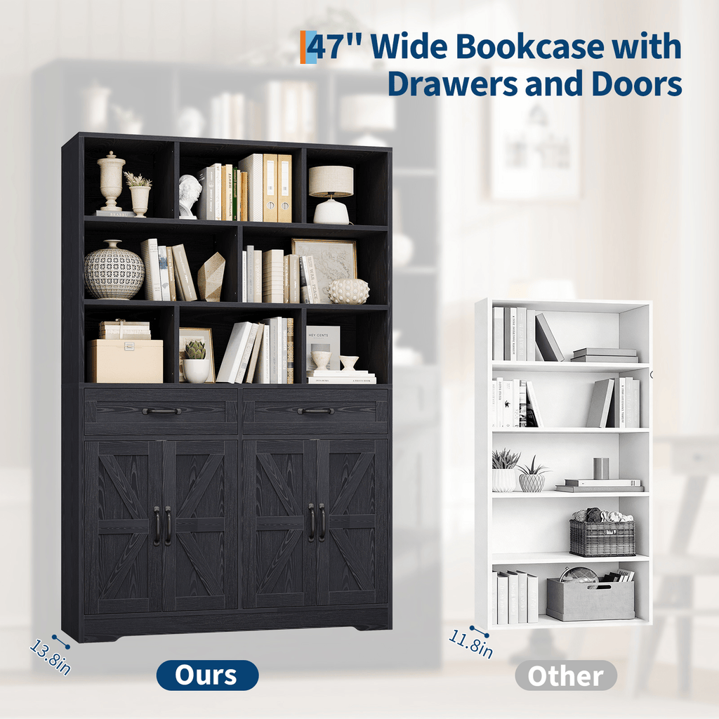 Large Modern 6-Tier Bookcase with 8 Open Cubbies, 2 Drawers & 4 Doors - 71\