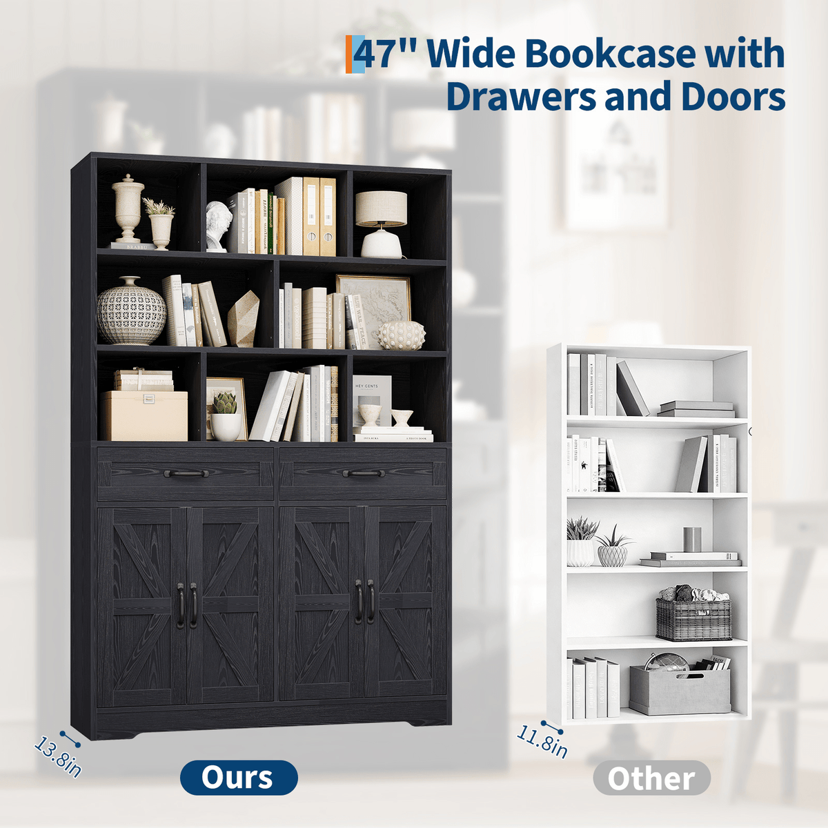 Large Modern 6-Tier Bookcase with 8 Open Cubbies, 2 Drawers & 4 Doors - 71\