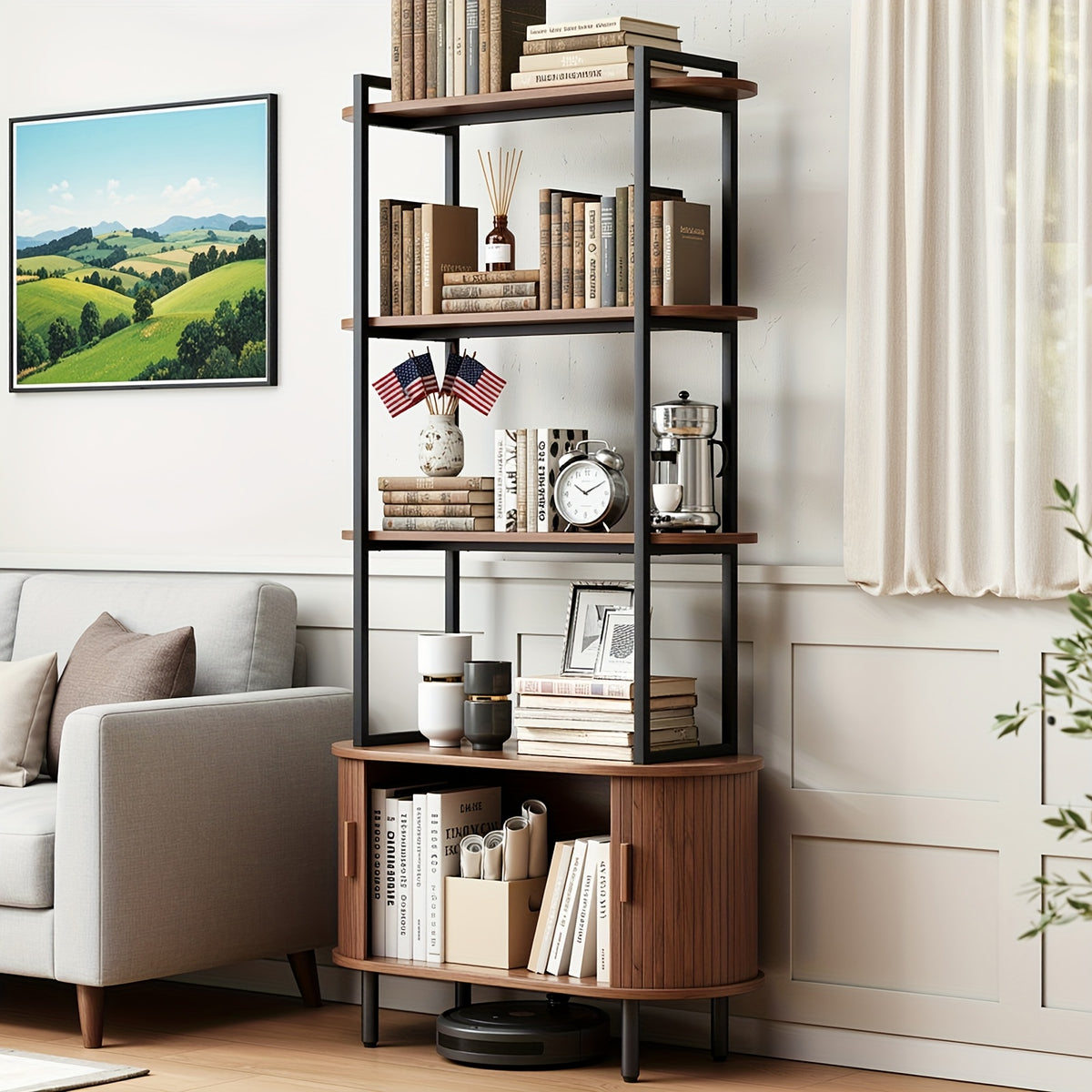 4-Tier Open Bookshelf 71 Inch High Floor Standing Display Bookcase Storage Rack with Storage Cabinets Living Room, Bedroom, Home Office Display Shelf Walnut