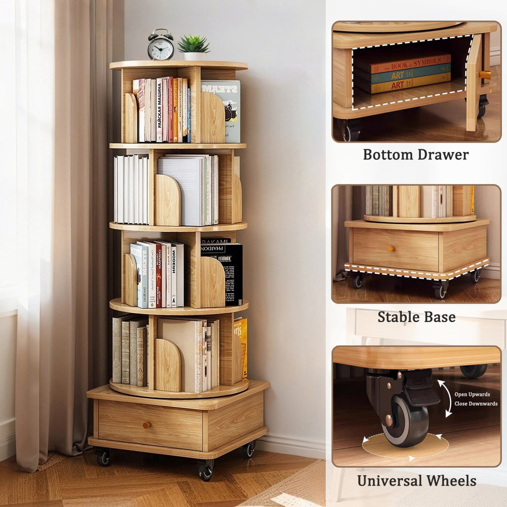 5 Tier Rotating Bookshelf, 360 Degree Display Round Spinning Bookshelf with Wheels, Space Saving, Small Space Rotating Bookshelf Tower for Bedroom, Living Room, Home, Office, Wood Color