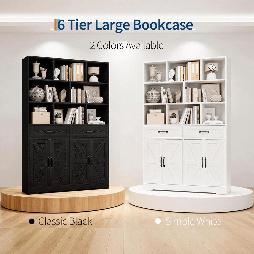 Large Modern 6-Tier Bookcase with 8 Open Cubbies, 2 Drawers & 4 Doors - 71\