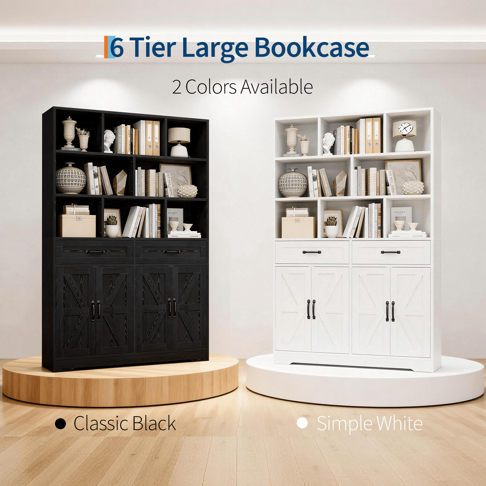 Large Modern 6-Tier Bookcase with 8 Open Cubbies, 2 Drawers & 4 Doors - 71\