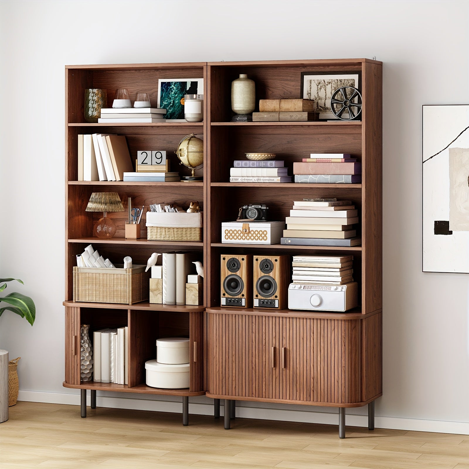 71 Inch Bookcase 4 Shelves Bookcase With Storage Cabinets And Adjustable Storage Shelves With Sliding Doors And Adjustable Feet For Home Office, Living Room Walnut