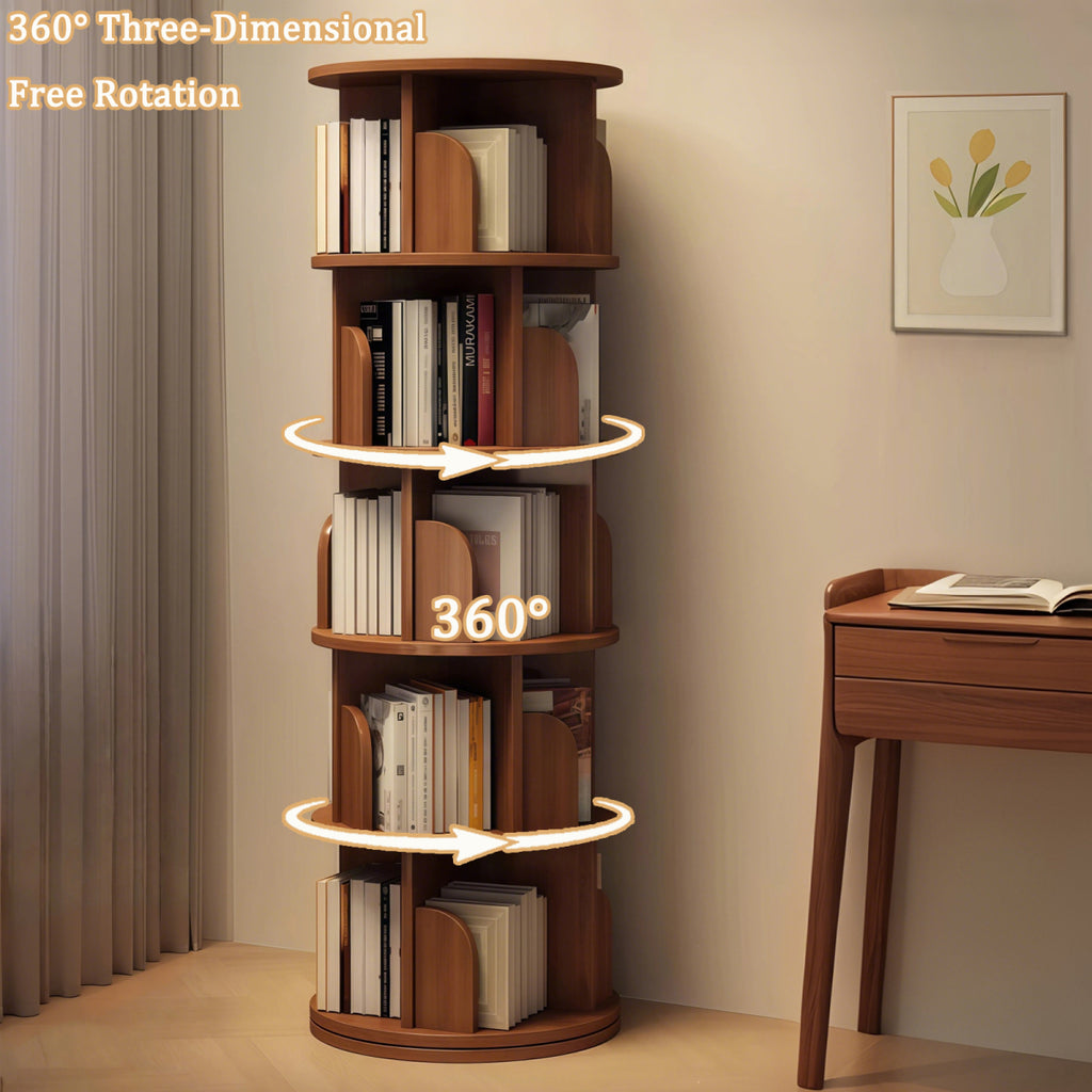5 Tier Rotating Bookshelf, 360 Display Round Spinning Bookshelf, Space-Saving, Small Space Rotating Bookshelf Tower Bedroom, Living Room, Home, Office, Walnut