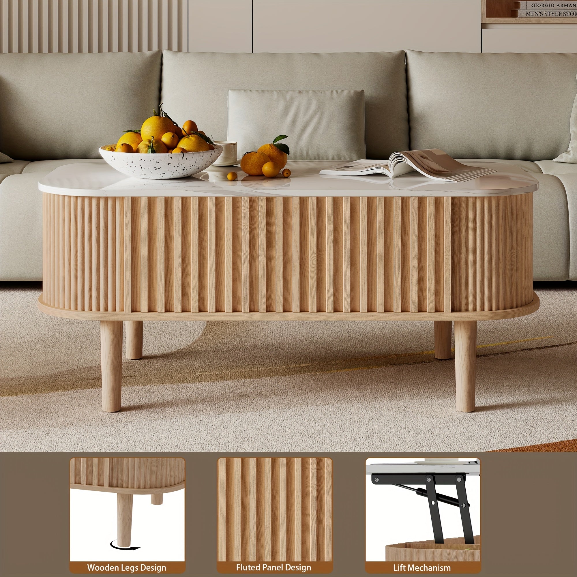 40-Inch Lift-Top Coffee Table Featuring Storage, a Faux Marble Surface, And Sturdy Rubber Wood Legs, Designed in a Mid-Century Modern Style for The Living Room in Natural Oak End