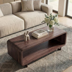 Wooden Coffee Table with Storage Shelf, Modern 2-Tier Rectangular Minimalist Center Table, Curved Profile Design for Living Room, Office
