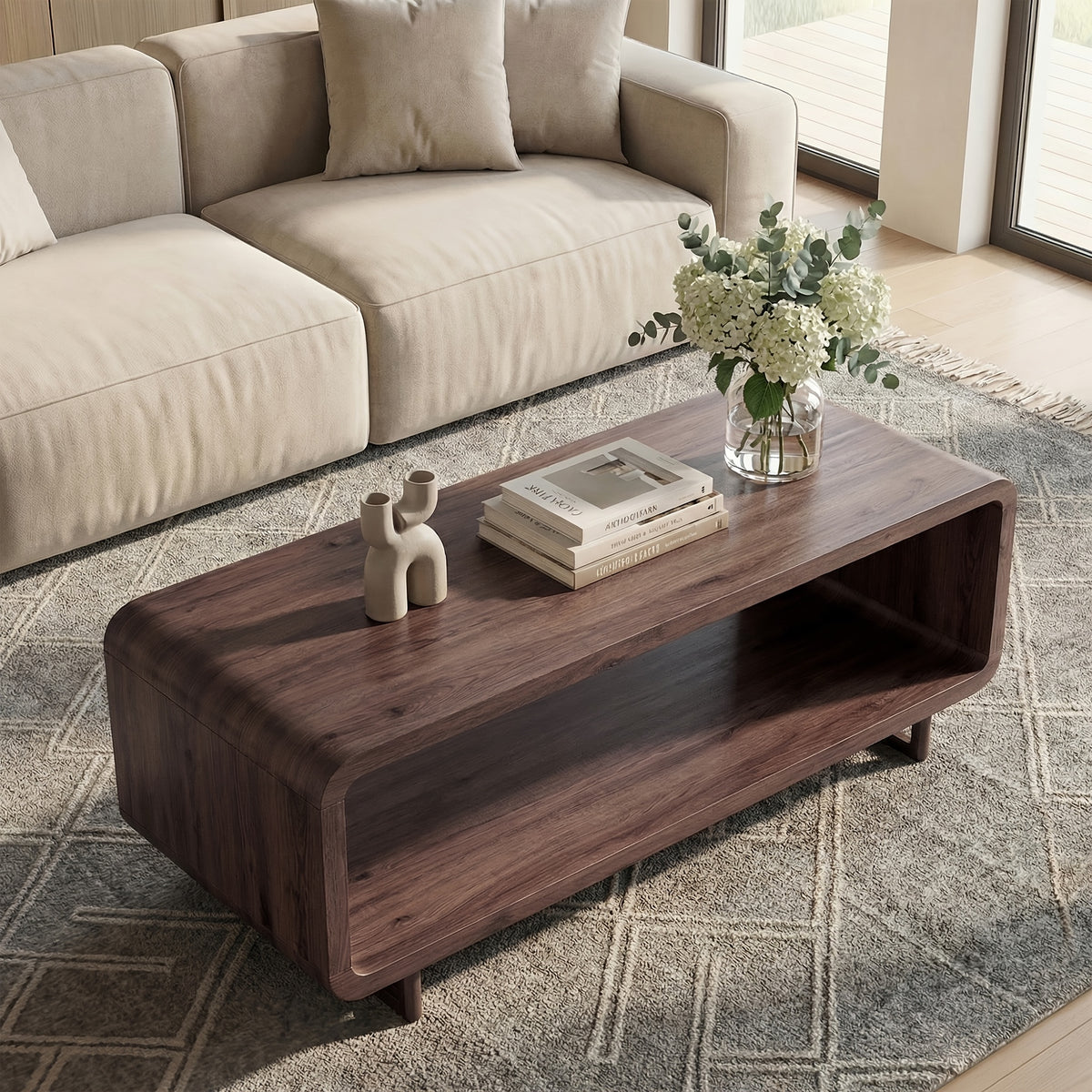 Wooden Coffee Table with Storage Shelf, Modern 2-Tier Rectangular Minimalist Center Table, Curved Profile Design for Living Room, Office